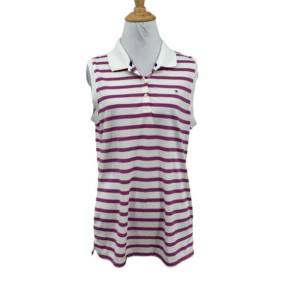 Tommy Hilfiger Shirt Womens L Large White Multi Golf Striped Sleeveless Polo - Picture 1 of 12